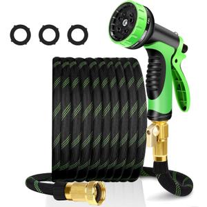 25ft Non-Expandable Garden Hose with 10 Function Nozzles, Flexible, Lightweight, Kink-Free, Leak-Proof, Sturdy Water Hose with Strong Brass Connector for Yard, Lawn, Outdoor, Marine and Camper