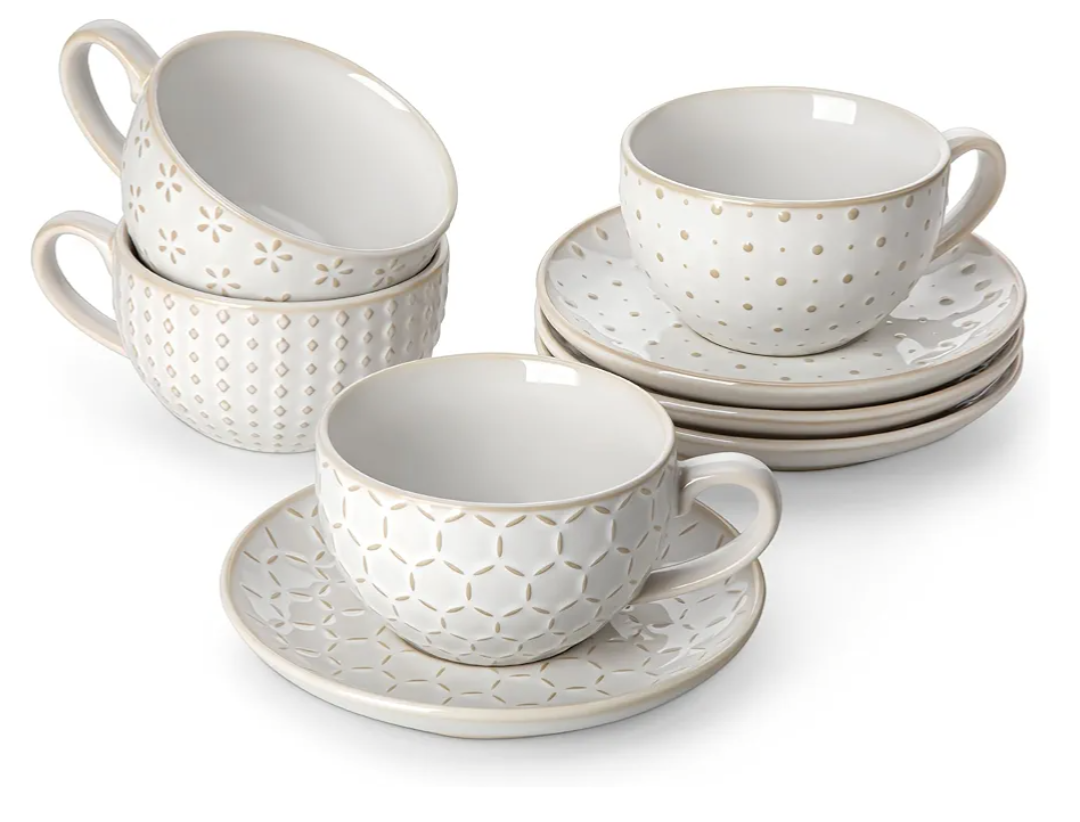 MALACASA 8 OZ Cappuccino Cups with Saucers Set of 4 - Ceramic Stackable Tea Cups and Saucers, Embossment Coffee Mugs for Tea, Latte and Mocha, Dishwasher Safe, Arctic white