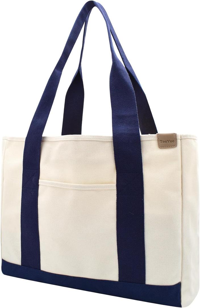 TeeYee 16oz Canvas Tote Bag Casual Multi pockets Handbags Large Capacity Shopping Shoulder Bag with Pocket Bags Work Purses (134blueL, Large)