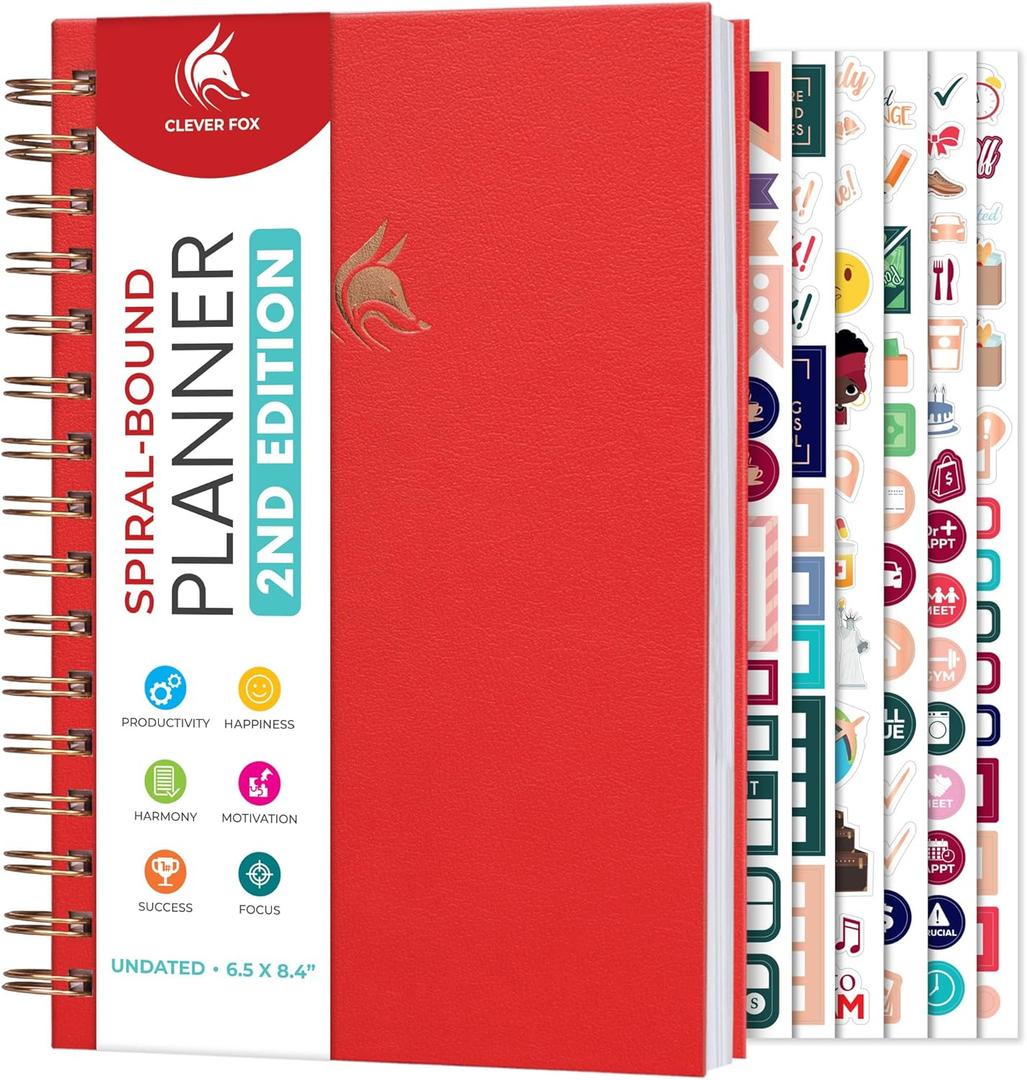 Clever Fox Planner 2nd Edition Spiral  Colorful Weekly & Monthly Goal Planner, Time Management & Productivity Organizer, Undated (Red) (A5 (5.8'' x 8.3'') Spiral)