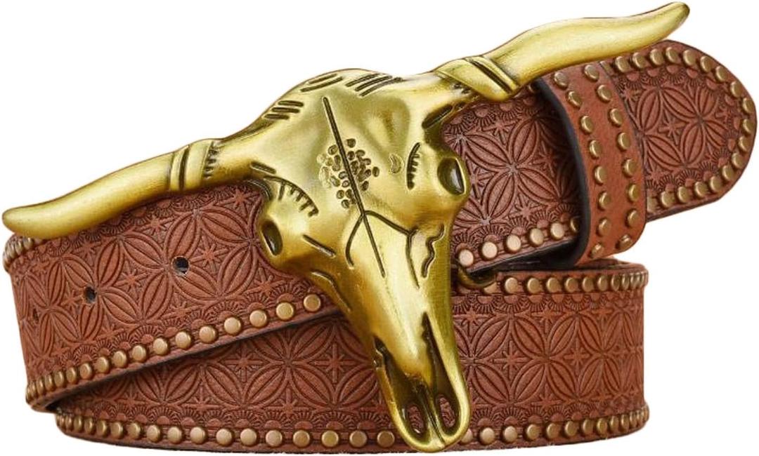 1PCS Western Cowboy Belt Buckles for Men PU Leather Buckle Belt Vintage Bullhead Belt 125cm/4.1ft (Brown)