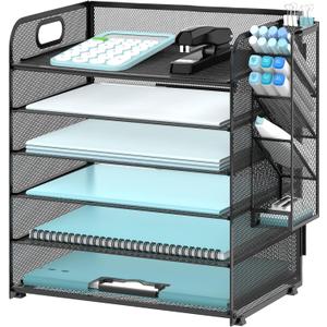 SUPEASY 6 Tier Desk Organizer with 4 Pen Holders, Mesh Paper Organizer Letter Tray with Handle, Desk Organizer Tray File Organizer for A4 File Folder, Black