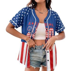 JINTING 4th of July USA Jerseys American Flag and Star Patriotic Shirt | Forth of July Button Down Usa Jerseys for Women, Large