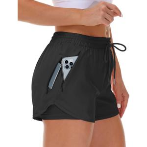 Mancreda Women's Running Shorts with Liner 3 Zipper Pockets Elastic Workout Athletic Gym Yoga Shorts (Medium, Black)