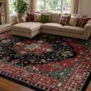 RELEANY Area Rugs 8'x10' Washable Non-Slip, Floral Vintage Distress Medallion Carpet for Living Room Bedroom Dining Room, Red Black