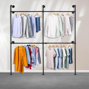 Industrial Pipe Clothing Rack Metal, Minimalist Retro Walk-in Closet System, Heavy Duty Wall Mounted Industrial Pipe Closet Organizer for Hanging Clothes ( 2 Tier, 88.58"H x 78.74W x 9.84"D)
