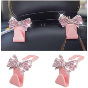 Zpana Bling Car Headreat Hook, 2PCS Crystal Rhinestone Cute Bow Vehicle Seat Back Hanger Storage for Purses Bags Grocery, Diamond Auto Rear Seat Organizer, Universal for SUV Truck Sedan (Pink)