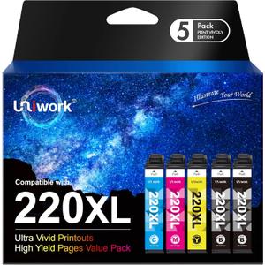 Uniwork T220 220XL Ink Cartridge, Remanufactured 220XL Ink Cartridge Replacement for Epson 220 XL 220XL T220XL use for Workforce WF-2750 WF-2760 WF-2630 WF-2650 WF-2660 XP-320 XP-420 Printer (5 Pack)