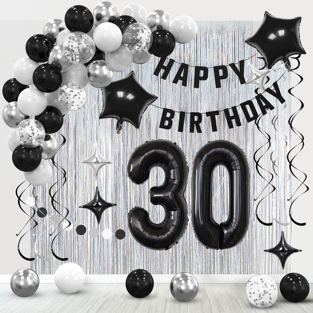 30th Birthday Decorations for Boys Girls, Silvery and Black Happy 30th Birthday Banner ,Number 30 Balloons Arch Kit for 30 year old Birthday Party Decorations