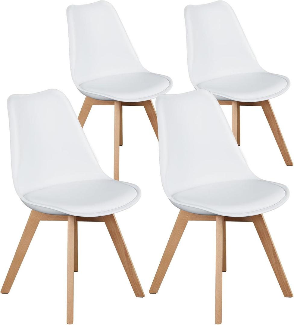 OLIXIS Dining Chairs Set of 4 Kitchen Mid-Century Modern Chairs with Wood Legs and PU Leather Cushion for Living Room Bedroom Outdoor Lounge, White