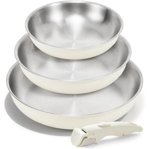 KITEXPERT Non Stick Stainless Steel Pan Set  8", 10", 12" Tri-Ply Frying Pan Skillet with Removable Handles, PFOA-Free, Cream White Ceramic Exterior, Dishwasher safe, Compatible with All Stovetops