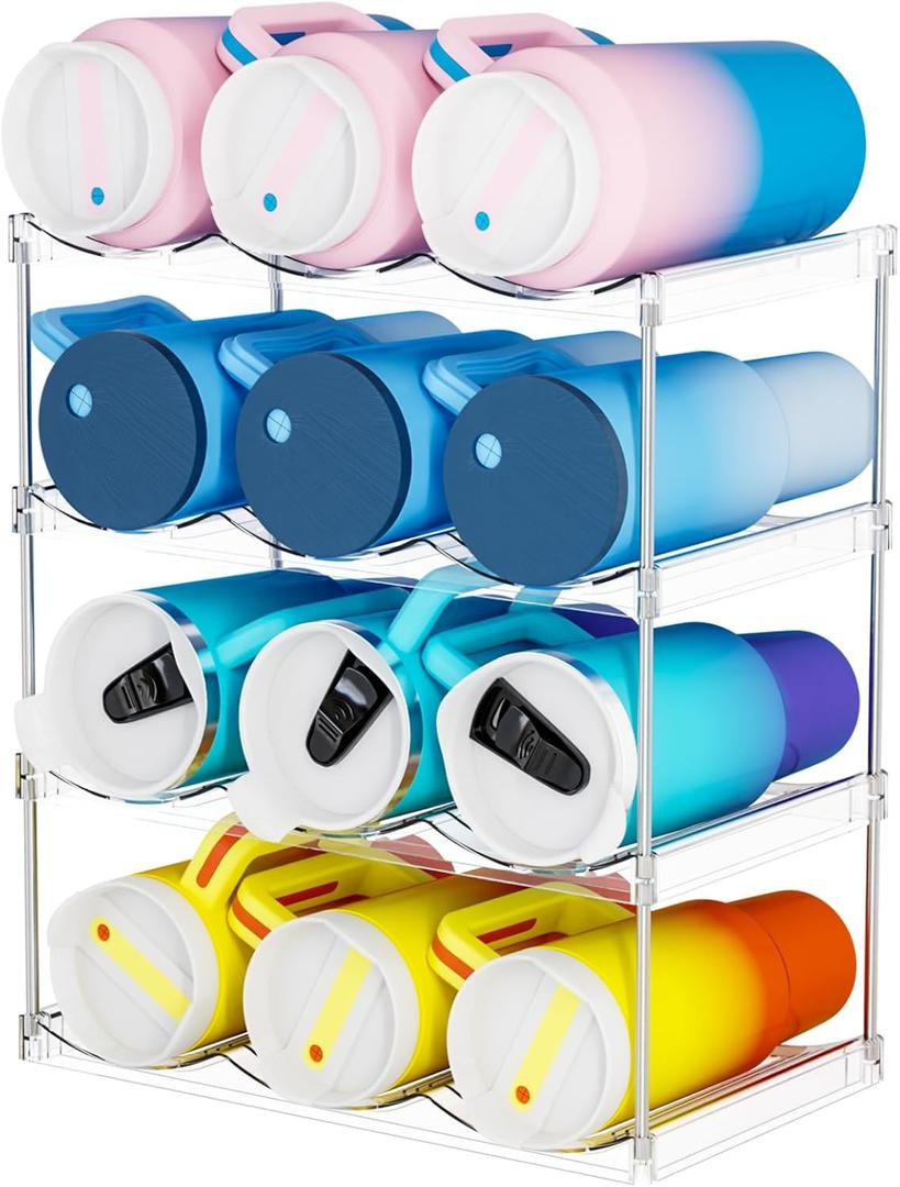 Yieach 4 Tier Stackable Water Bottle Organizer for Kitchen Cabinets,Countertop,Large Compartment Water Bottle Storage Rack for 40oz Yeti,Stanley Cup,Waterbottle and Other Tumbler Organizer,Wine Rack (Pack of 4 - Hold 12 Bottles, Clear)