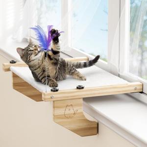 Cat Window Perch Large - 21.7'' Cats Window Hammock/Bed with Feather Toy, Premium Hardwood and Robust Metal Straight Rod Frame for Windowsill, Bedside, Drawer and Cabinet