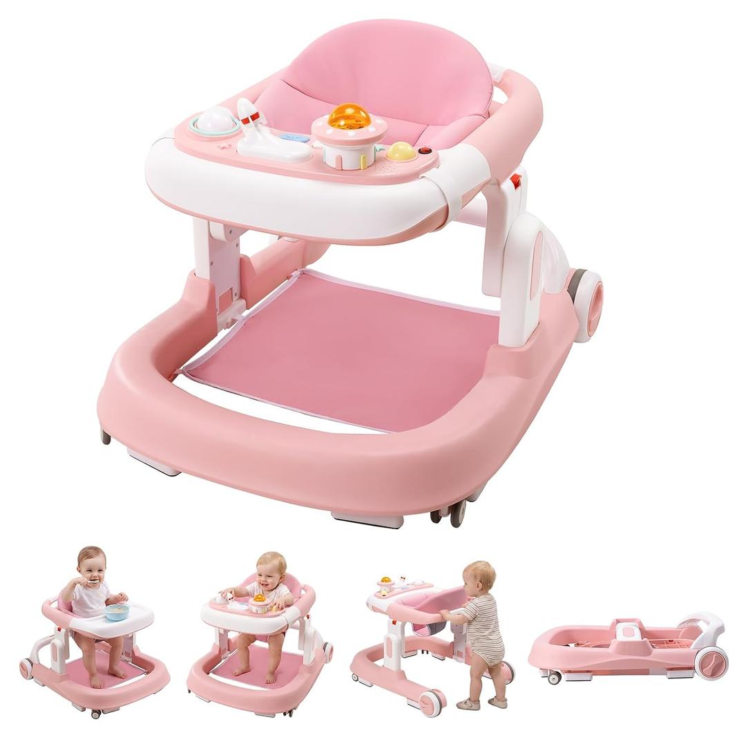 Baby Walker with Wheels, 5-in-1 Foldable Infant Toddler Walker for Boys Girls 6-18 Month,One-Step Fold Structure, 3 Adjustable Heights, Detachable Seat,Push Walker with Speed Control Wheels, Pink
