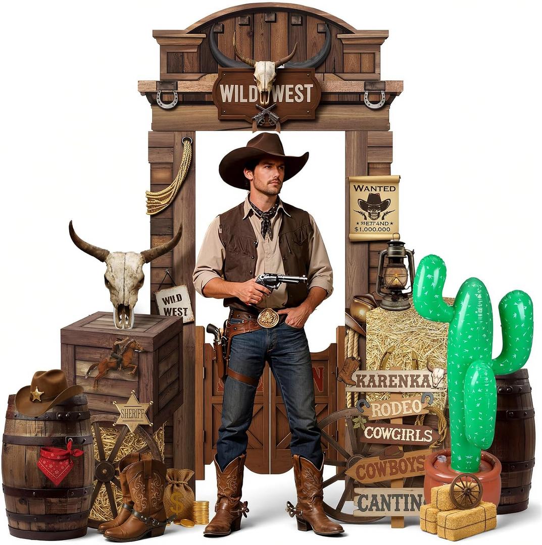 23 Pcs Western Cowboy Party Decorations Including 2 Hay Bale Boxes 2 Wood Print Boxes 2 Wood Grain Barrel 1 Inflatable Cactus 16 Western Centerpieces Decor for Birthday Party Photo Props