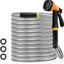 25FT Water Hose, Heavy Duty Stainless Steel Garden Hose with 10 Function Nozzle, Lightweight Metal Hose, No Kink, Leak-proof, Puncture Resistant for Yard, Outdoor, RV