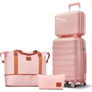 4 Piece Carry On Luggage Set 20 Inch, Expandable PP Hardshell Suitcase with Detachable Spinner Wheels & TSA Lock, Includes Cosmetic Case, Travel Tote & Toiletry Bag, Lightweight (Pink)