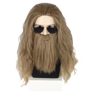 Topcosplay Mens Wigs and Beard Ash Blonde Long Curly Cosplay Halloween Costume Funny Wig (Brown)