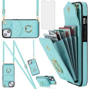 Asuwish Phone Case for iPhone 13 Mini 5.4 inch Wallet Cover with Tempered Glass Screen Protector Ring RFID Blocking Card Holder Cell iPhone13mini i-Phone 13minicase i iPhone13 13mini Women Girls Teal