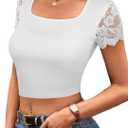 Remidoo Women's Sexy Self Tie Backless Tops Scallop Trim Lace Shirt Square Neck Crop Top (White, S)