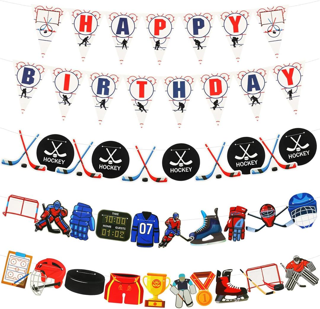 Outus 5 Pieces Ice Hockey Birthday Banners Party Supplies Decorations Hockey Fans Birthday Themed Party Favors Decorations Supplies