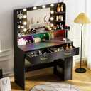 COMHOMA Vanity Desk with Lighted Mirror and Power Outlet, RGB LED Lights Makeup Vanity Set for Girls, Large Storage Capacity Dressing Table for Bedroom, 3 Lighting Modes Adjustable Brightness, Black