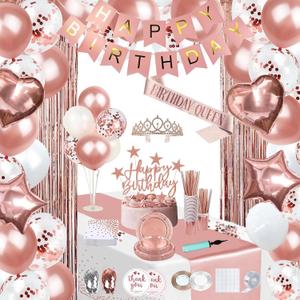 253 Pcs Birthday Decorations for Women, Rose Gold Party Decorations for Women, Party Decoration Supplies, Tableware Kit, Banner, Tassel Curtain, for 25 Guests