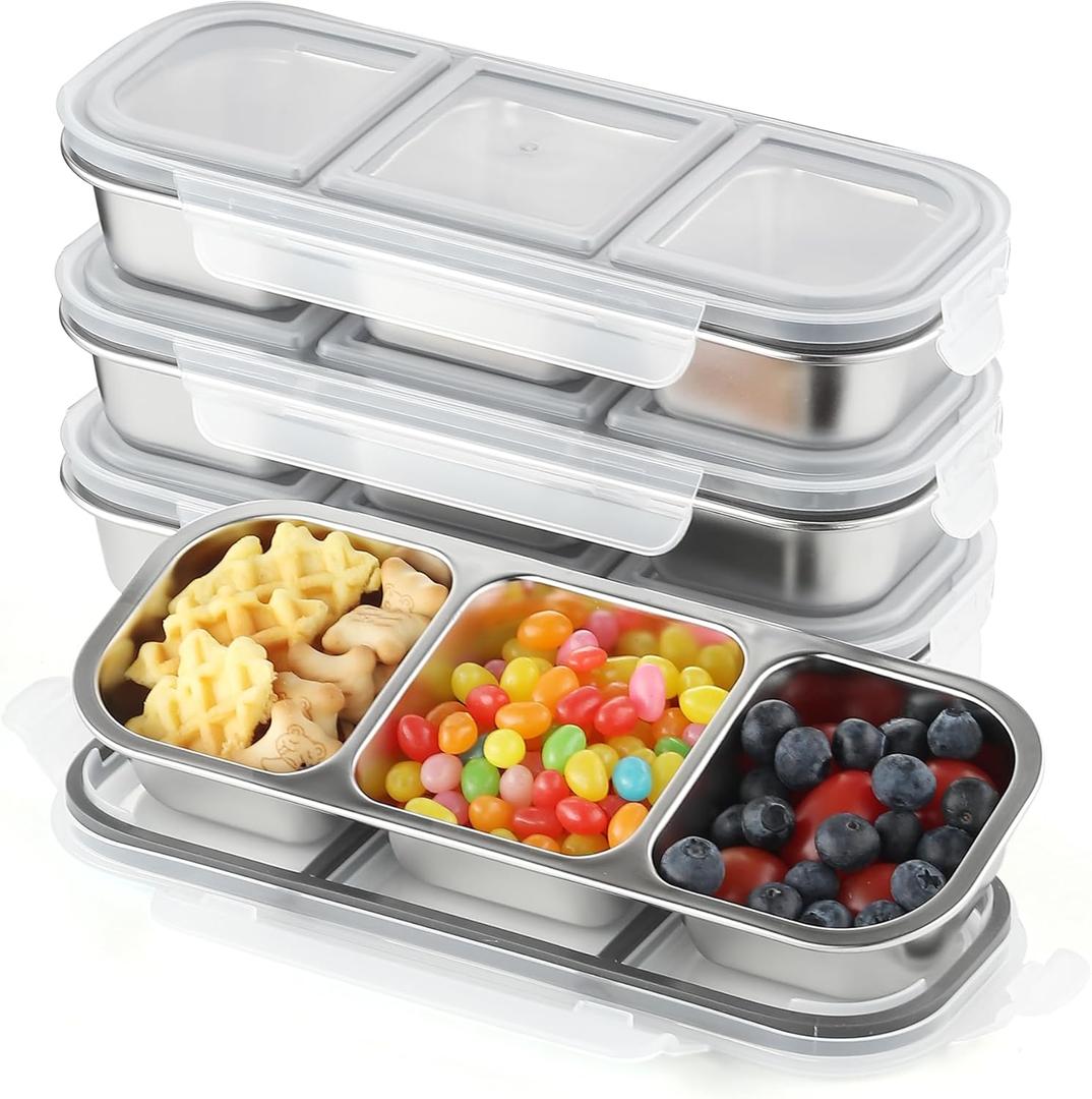 3 Compartment Stainless Steel Snack Containers with Lids- 3 Compartments Bento Lunch Snack Boxes - Reusable Meal Prep Lunch for Adults for Home Travel (3compartment4PCS) 3 Compartment Stainless Steel Snack Containers with Lids- 3 Compartments Bento Lunch Snack Boxes - Reusable Meal Prep Lunch for Adults for Home Travel (3compartment4PCS)