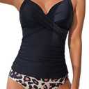 B2prity Women's Ruched Tankini Swimsuits V Neck Wrap Tie Back Two Pieces Bathing Suit Tummy Control Swimwear, L
