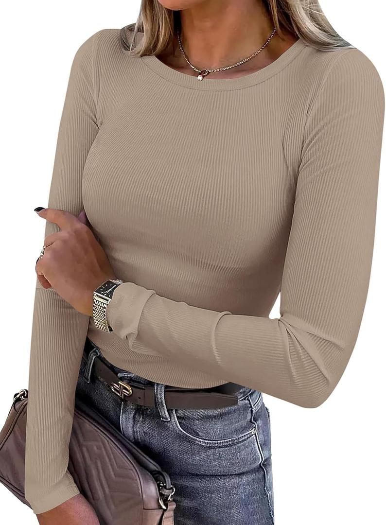 PRETTYGARDEN Women's Fall Long Sleeve Shirts Basic Tees (Light Khaki,S) | Comfy Stretchy Ribbed Fabric, Slim Fitted Underscrub, Crewneck Going Out Tops, Plain Layering Clothes, Spring Casual Outfits