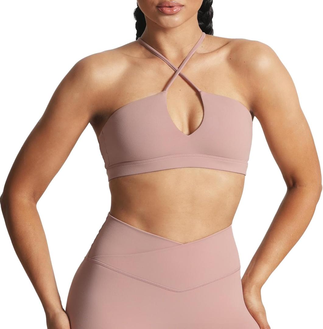 Aoxjox Women's Workout Sports Bras Jamie Deep V Fitness Training Gym Bra Yoga Crop Tank (Pink, XL)