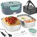 80W Faster Heated Lunch Box for Adults, Electric Lunch Box for Car/Truck/Office, with Dual 1.5L 304 Stainless Steel Food Containers, 0.45L PP Fruit/Snack Container, Fork & Spoon, Insulated Carry Bag