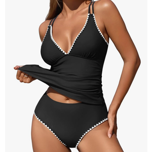 ZAFUL Womens Tankini Swimsuits V Neck Push Up Swim Top Color Block Tummy Control High Waisted Bathing Suits Swim Bottom (Size L)