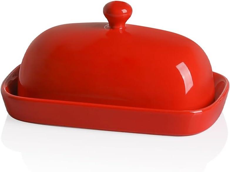 Sweejar Ceramic Butter Dish with Lid for Countertop,Porcelain Butter Keeper with Knob Handle,Butter Container for East/West Coast Butter, 7.1*3.7 inches (Red) Sweejar Ceramic Butter Dish with Lid for Countertop,Porcelain Butter Keeper with Knob Handle,Butter Container for East/West Coast Butter, 7.1*3.7 inches (Red)