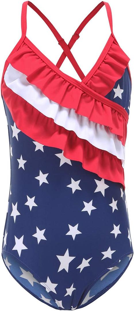 Girls One Piece Swimsuits Hawaiian Ruffle Swimwear Beach Bathing Suit American Flag Size 6/6t