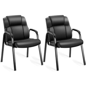 PU Leather Conference Room Chair, Tall Back Chairs with with Padded Arms and No Wheels, Guest Chairs of 2 for Reception Waiting Room Black
