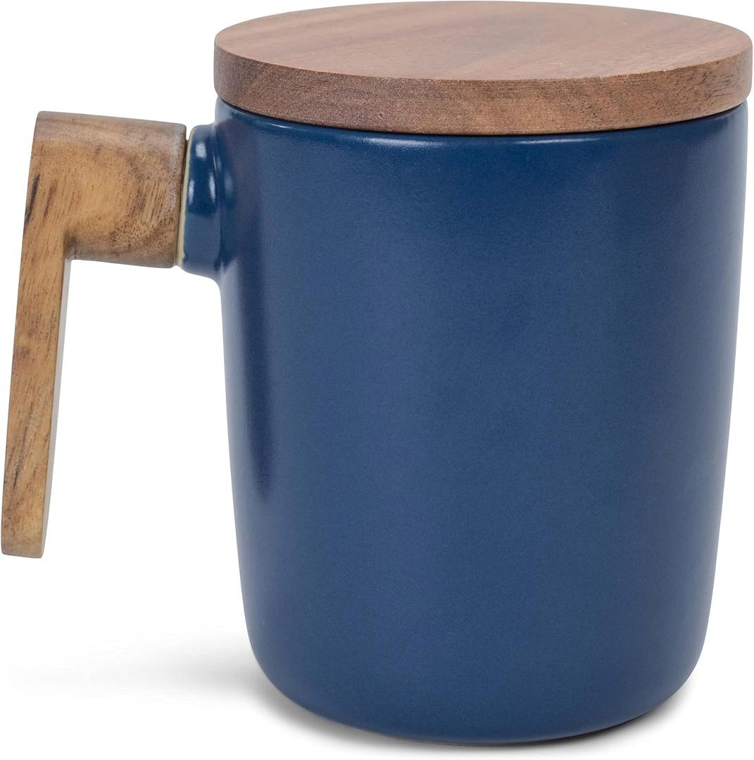 Nat & Jules Japanese Style Blue 12 ounce Stoneware Wood Handled Mug With Coaster Lid