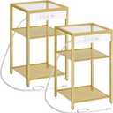 HOOBRO End Tables Set of 2 with Charging Station, Side Tables with USB Ports & Power Outlets, 3-Tier Slim Nightstands with Storage Shelves, Tempered Glass, for Living Room, Bedroom, Gold GD77UBZP201, 13.4"L x 11.8"W x 22.8"H
