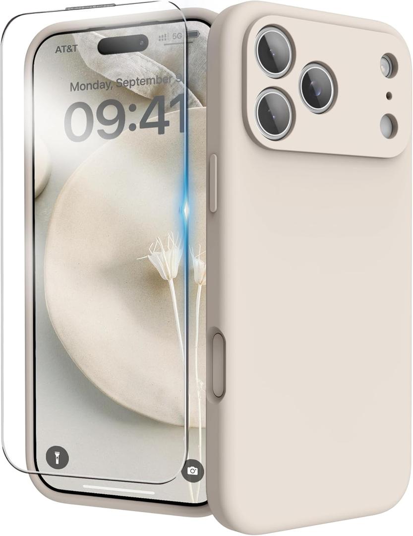 for iPhone 17 Pro Case, Liquid Silicone Cover with Camera Protection Anti-Scratch Soft Microfiber Lining Shockproof Protective Phone Case for iPhone 17 Pro 6.3", Stone