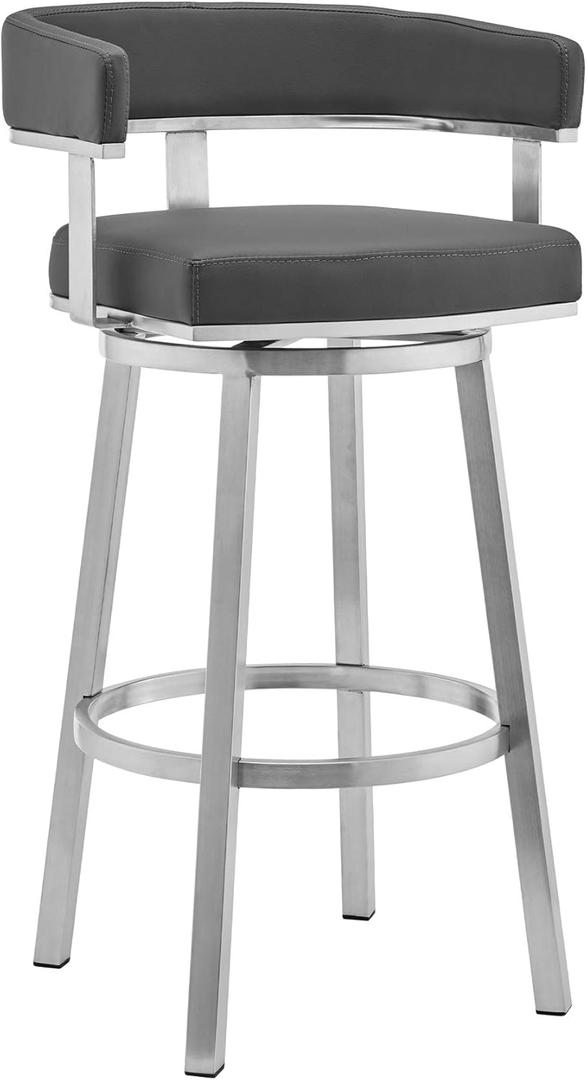 Armen Living Lorin Modern 26" Seat Height Gray Faux Leather and Brushed Stainless Steel Metal Swivel Bar Stool for Kitchen Island Counter (26" Seat Height, Lorin)