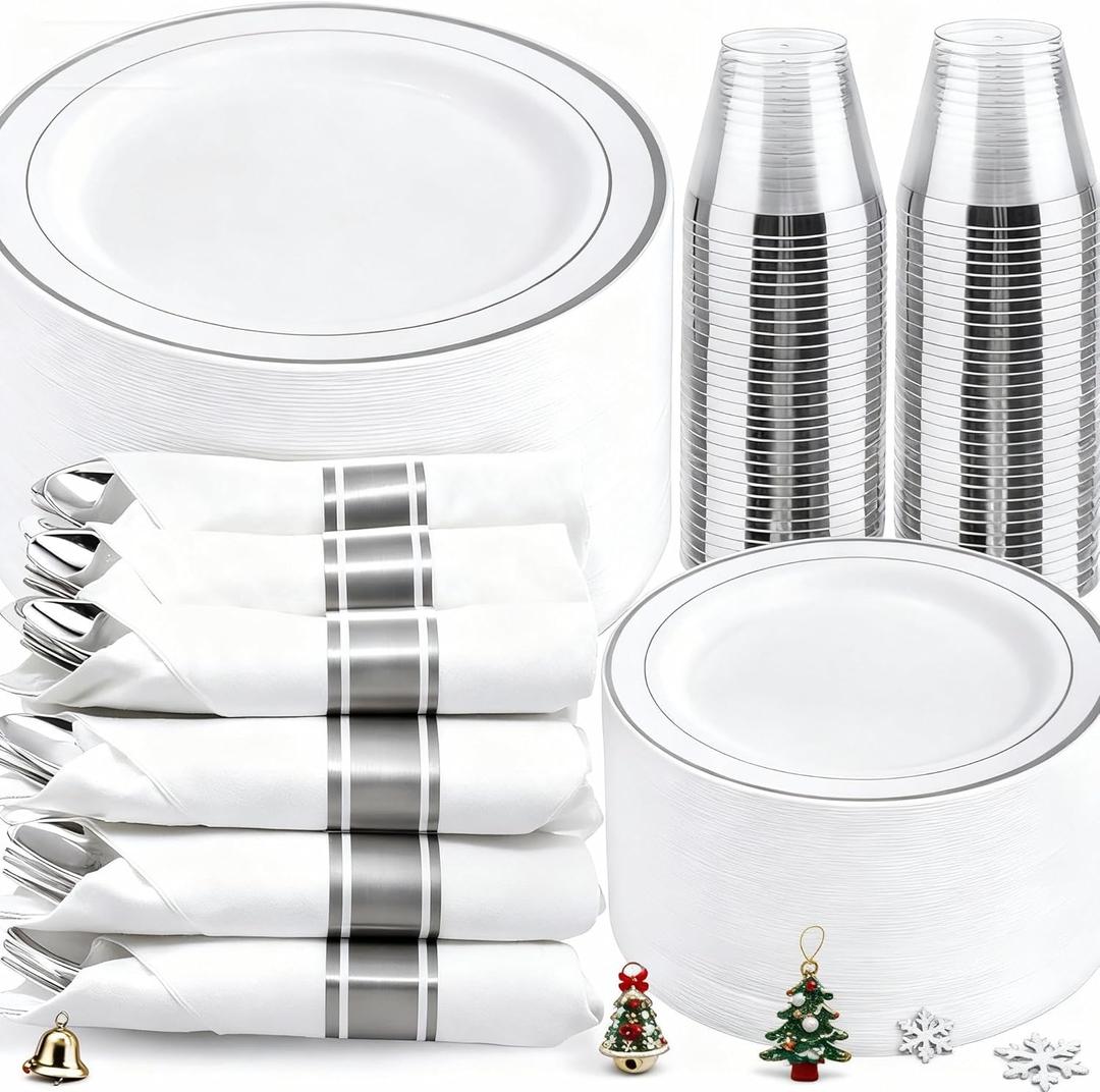 WELLIFE 350Pcs Silver Plastic Plates for 50 Guests - Disposable Dinnerware Set, Christmas Party Supplies Includes 100 Silver plates,150 Silverware,50 Napkins,50 Cups, Christmas Plates Disposable
