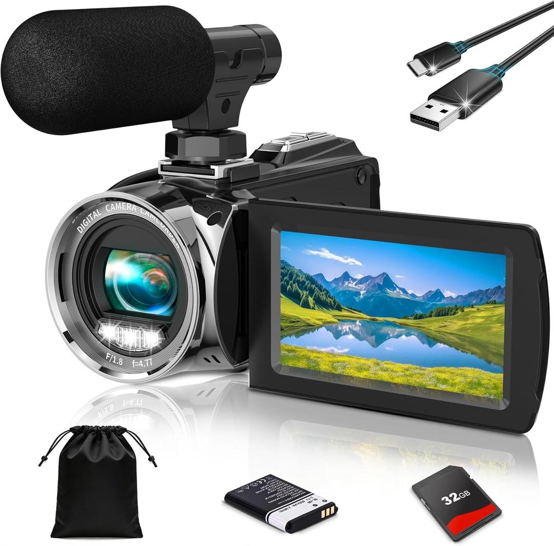 4K Video Camera Camcorder UHD 36MP Vlogging Camera for YouTube 18x Digital Zoom 3" 270 Rotation IPS Screen Video Camcorder with Fill Light, Mic, 32GB Card, Battery
