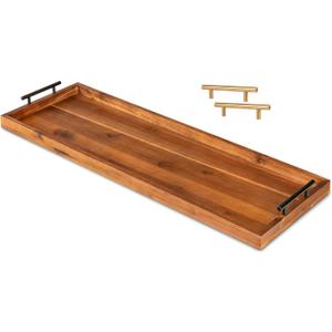 Large Acacia Serving Board with Metal Handles, 36 x 12 Inch Rectangular Charcuterie Board, Natural Wood Server Platter for Meat, Cheese Boards, and Party Appetizers, Extra Long Wooden Tray, 3ft