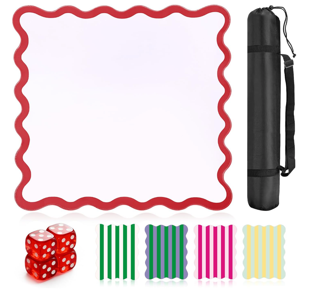 32.4in Scalloped Mahjong Mat，Anti Slip Noise Reduction Mahjong Accessoriemahjong Table Mat，Majiong Mat For Travel，Comes With 4 Dice And 1 Mahjong Mat Storage Bag,4 Mahjong Shuffle Cards (Red)