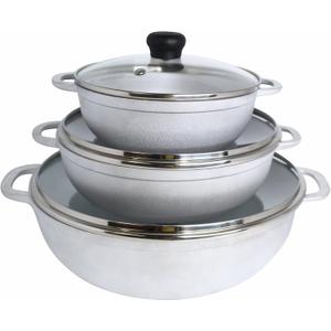 IMUSA Caldero Stock Pot with Glass Lid 3pc Set, 1.5/2.5/5.2qt, Cast Aluminum, Perfect for Serving Medium & Small Groups, Riveted Handles, Made in Colombia, Silver.