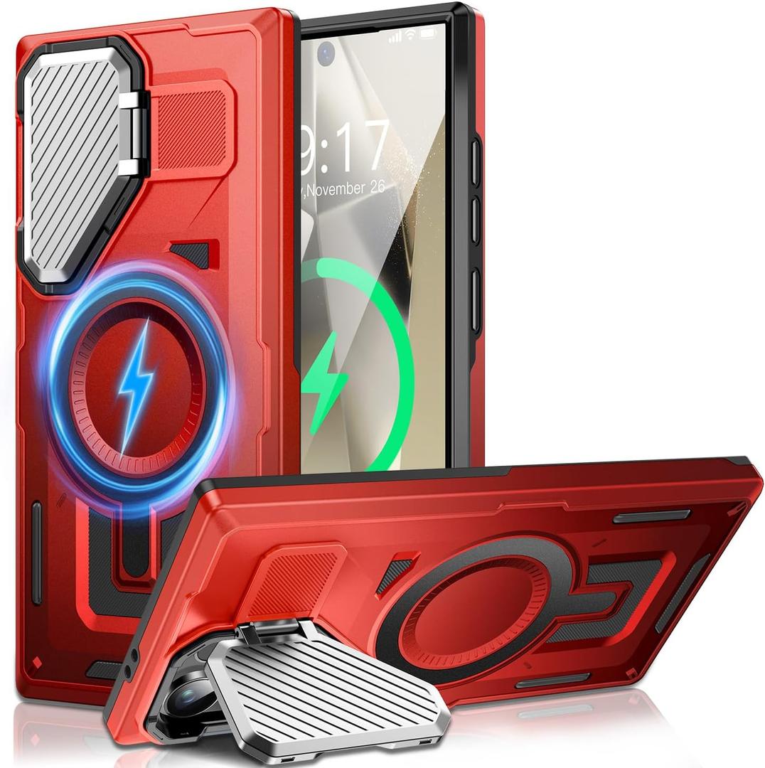 Camera Stand Case for Galaxy S25 Ultra, [Compatible with MagSafe][Lens Cover] 2024 Version Military Grade Protective Soft Case for Samsung Galaxy S25 Ultra 6.86" Men Women, Red
