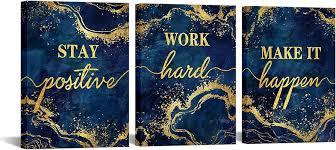 LevvArts Inspirational Wall Art Stay Positive Work Hard Make It Happen Office Wall Decor Motivaional Encouraging Canvas Prints Blue and Gold Pictures Decoration (Blue)