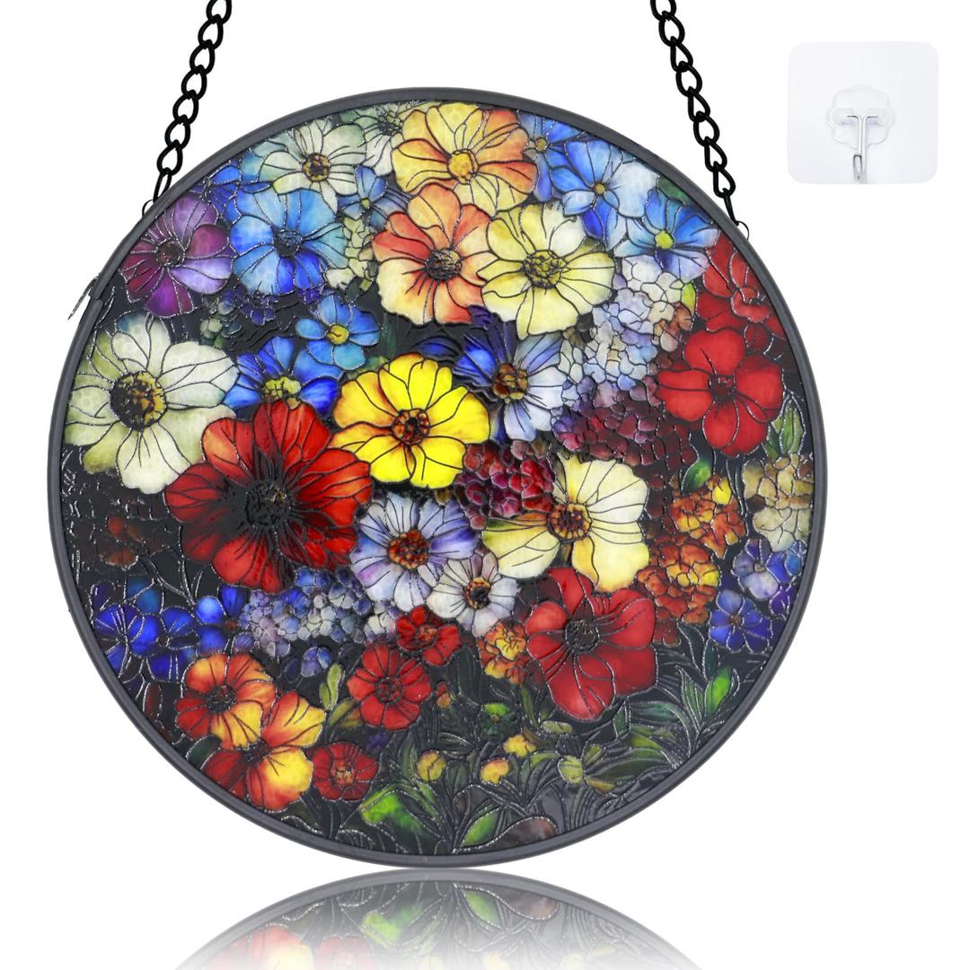 Colorful Floral Stained Suncatcher, Window Hanging Decor Gift
