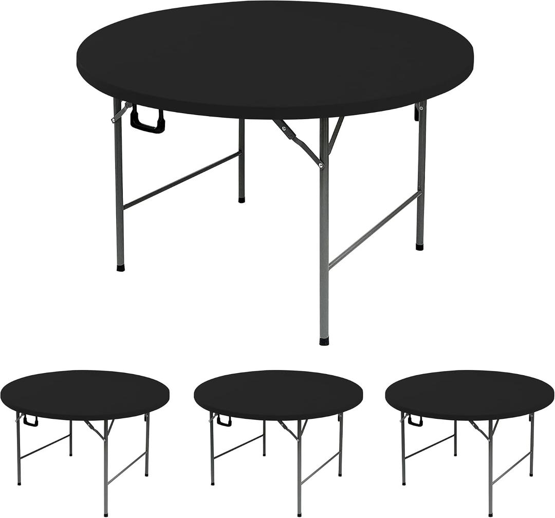 Fitted Round Table Covers 48 Inch-4 Pack Black Elastic Spandex Table Cloth-Small Stretch Folding Circle Tablecloths Topper Cap for Kitchen Dining Commercial Party Picnic Event Banquet Tables