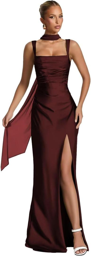 EAURIC BurgundySatin Bridesmaid Dresses with Slit for Women Square Neck Mermaid Prom Dress Long Satin Evening Dress with Scarf Size 8 AU076